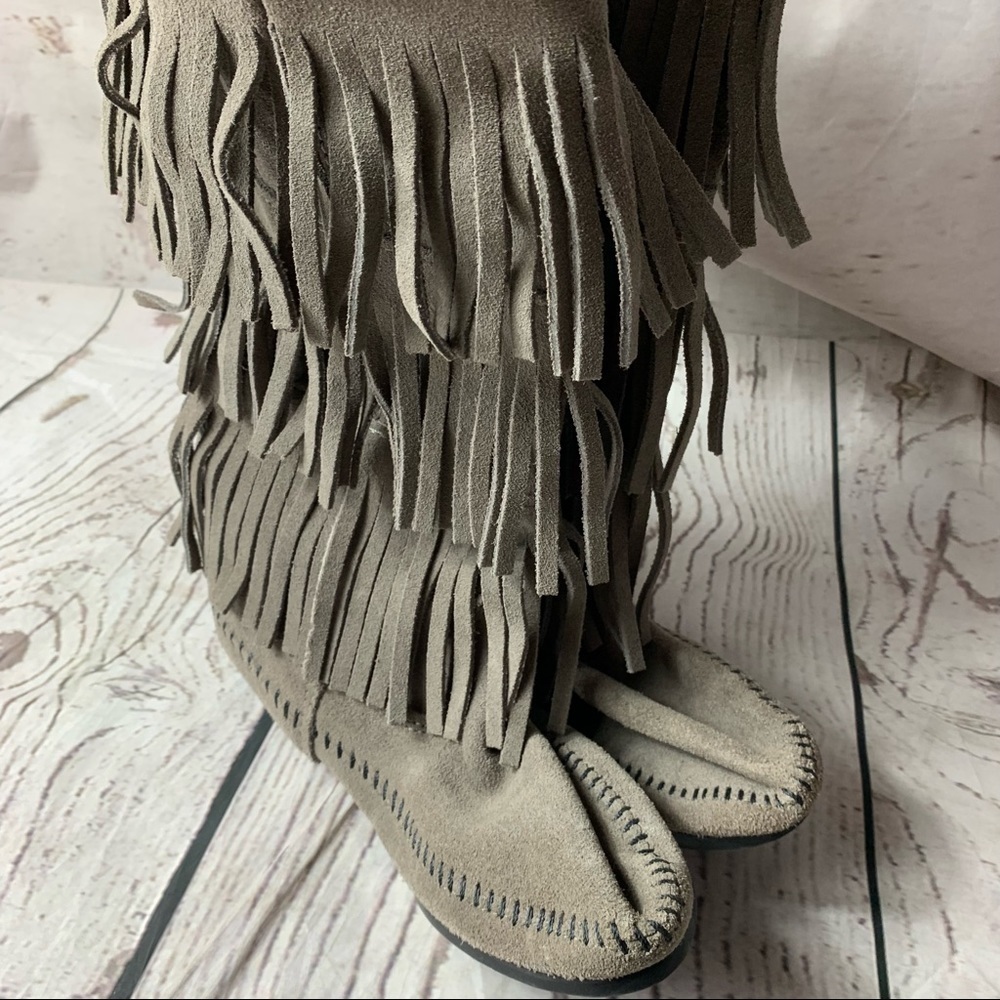 Minnetonka 3 Layer Fringe Calf High Boot - Grey S… - image 4